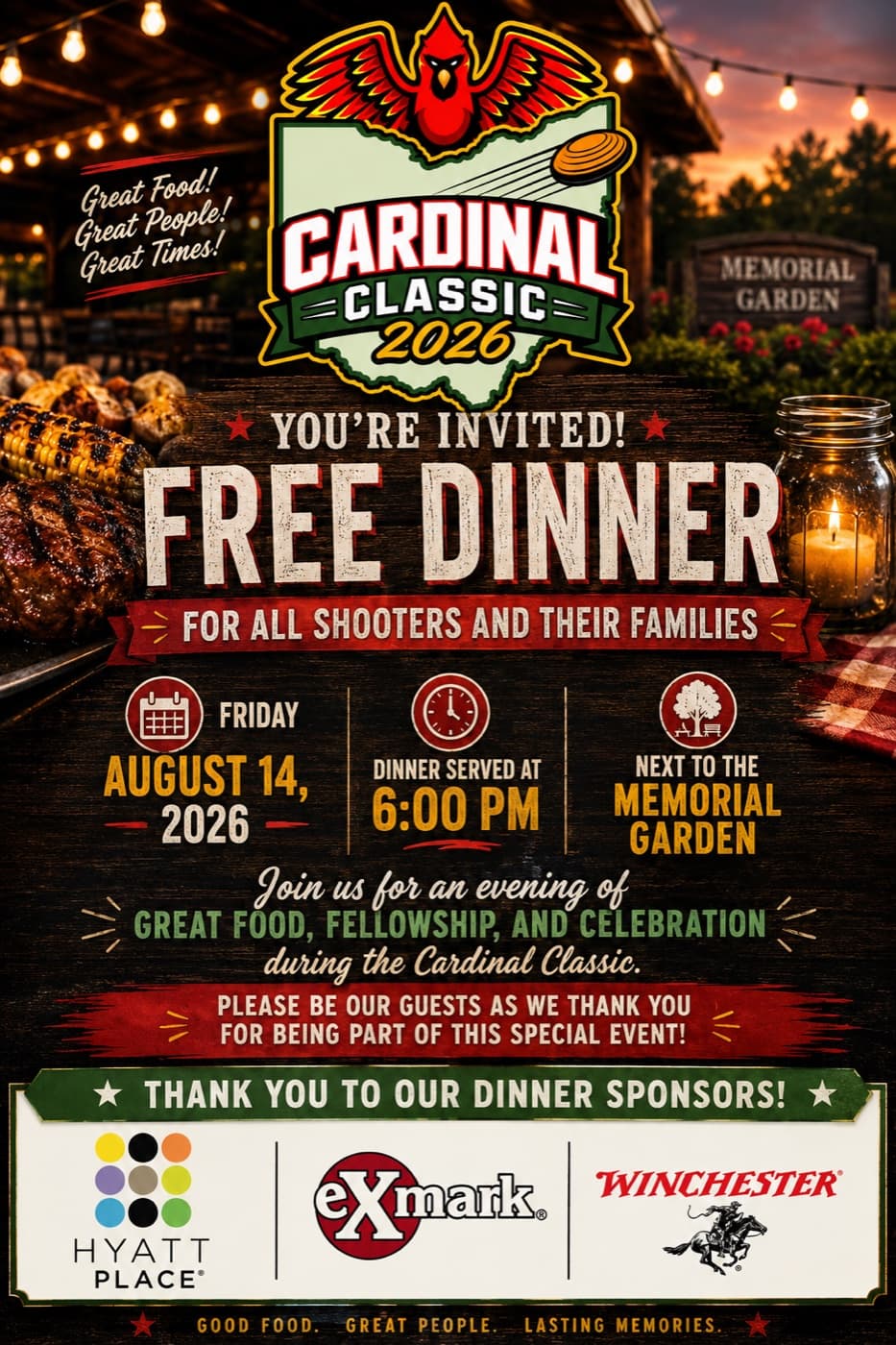 Cardinal Classic free dinner for all shooters and their families, Friday August 14, 2026 at 6:00 PM next to the Memorial Garden