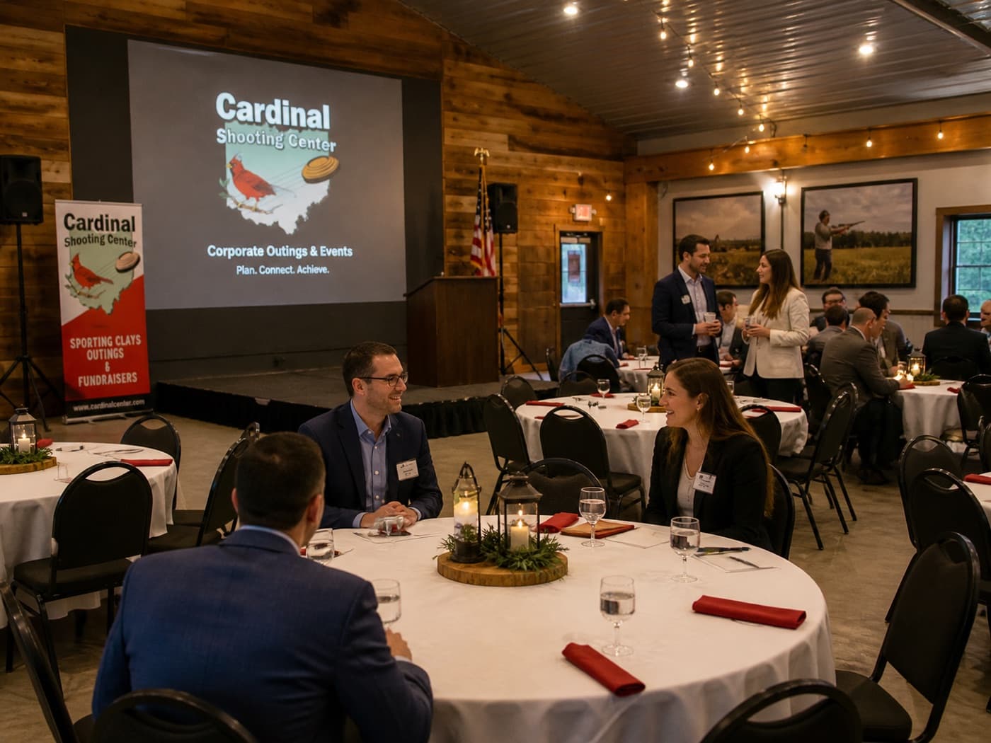A corporate banquet inside The Cardinal Center, with round tables, a projector showing 'Cardinal Shooting Center — Corporate Outings & Events' and standing sponsor banners.